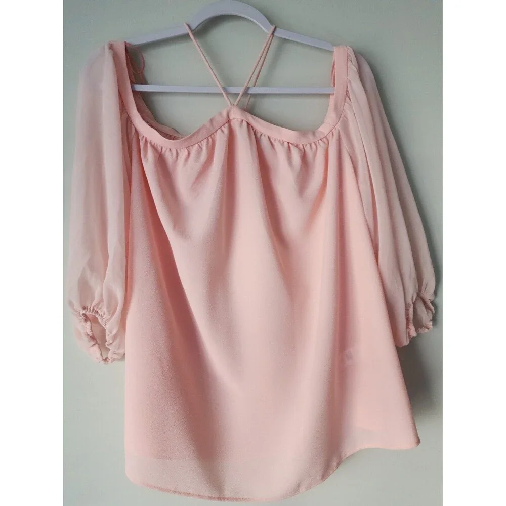 NWT 1.State High Neck Blouse Size L Pink Taffeta Off-Shoulder Demi-Sheer Party - Picture 3 of 11